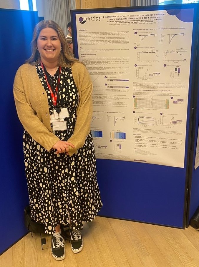 Molly Rowlett presenting poster 'Development of TRPML1-4A assays across manual, automated patch-clamp, and fluorescence-based platforms' at Cambridge Ion Channel Forum.